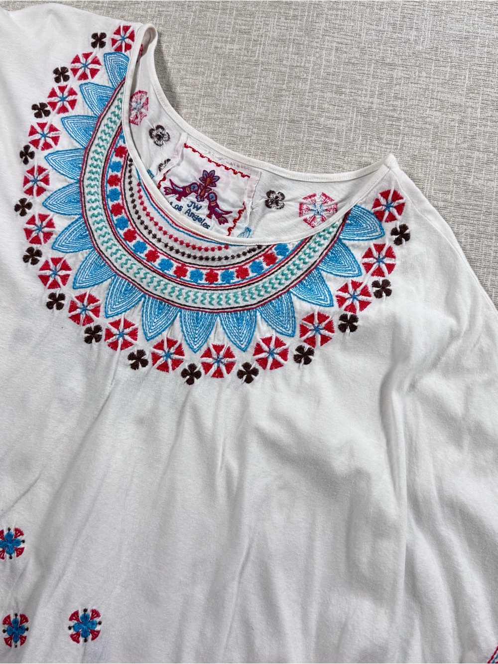 Johnny Was White Tunic with Turquoise and Red Embroidery